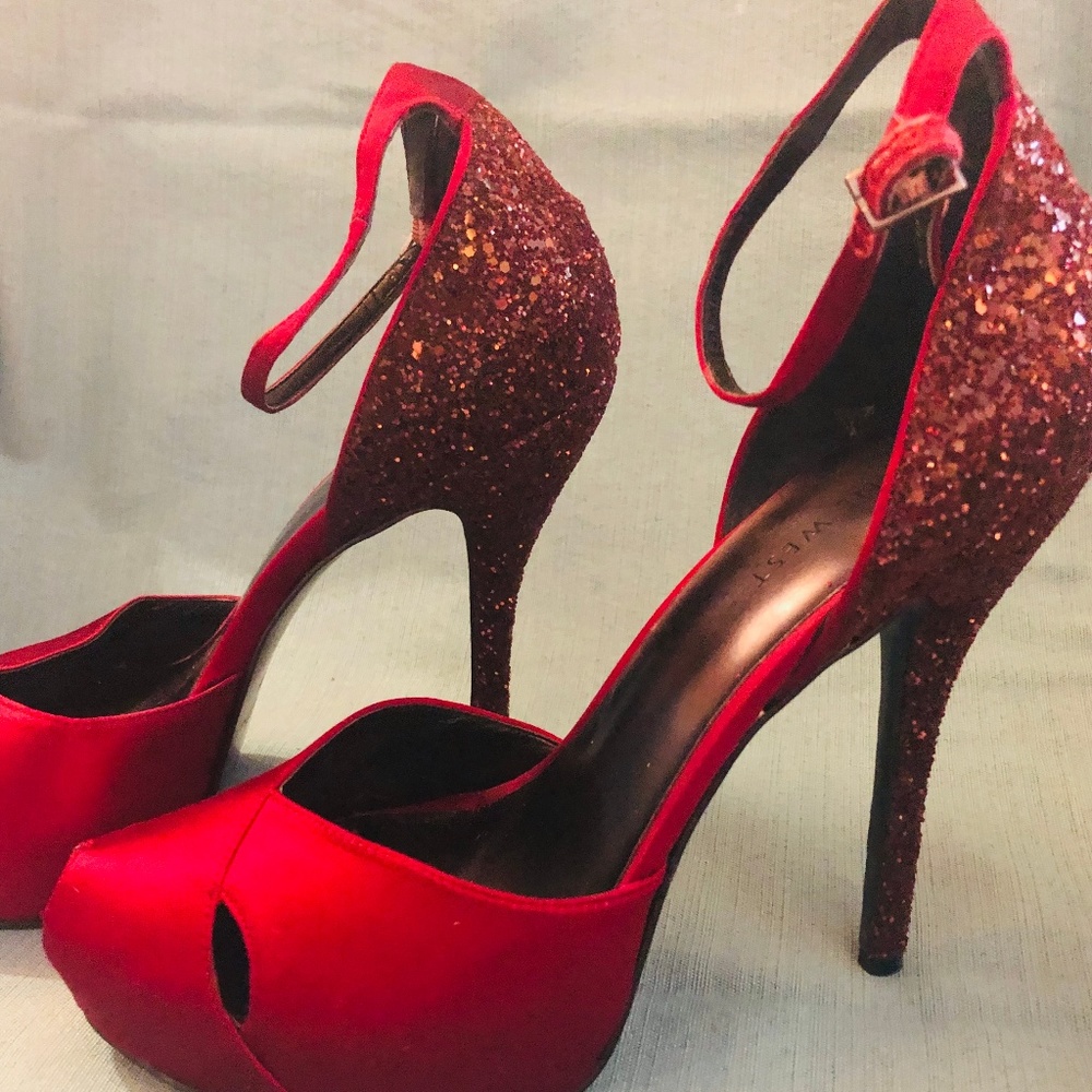 Nine West-Satin Sequined High Heels-Red-Size 8.5